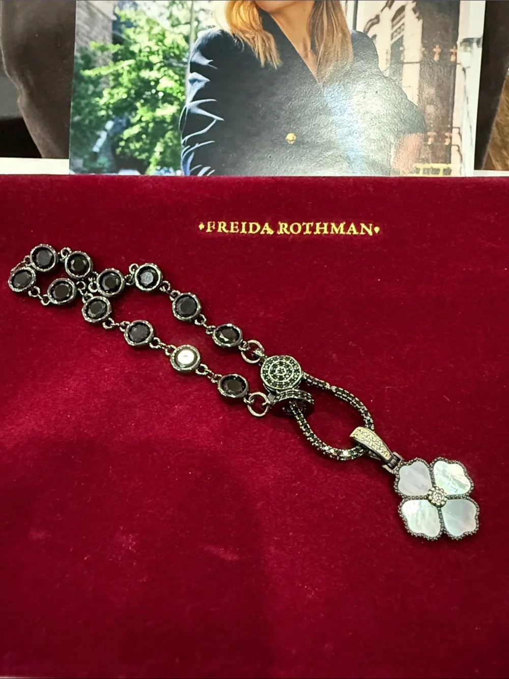 Freida Rothman Black Crystal & Mother-of-Pearl Clover Lumi Bracelet
